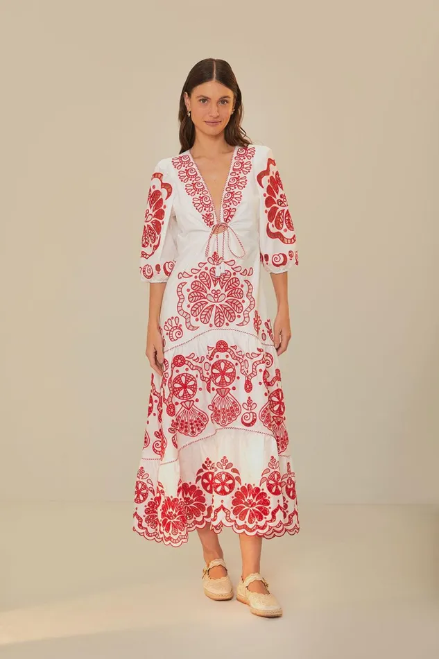 Women Maxi Dresses Farm Rio White Richelieu V Neck Maxi Dress