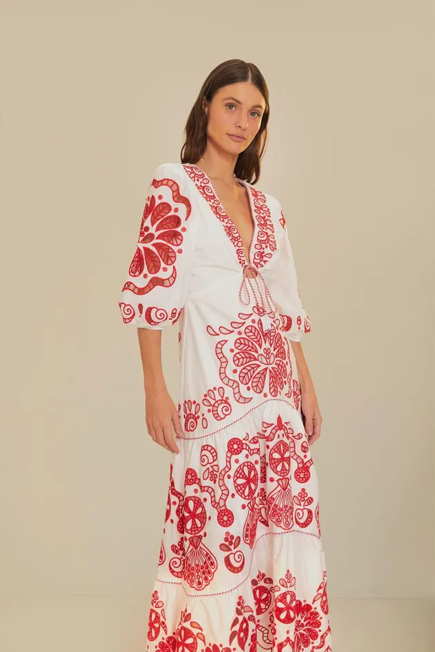 Women Maxi Dresses Farm Rio White Richelieu V Neck Maxi Dress