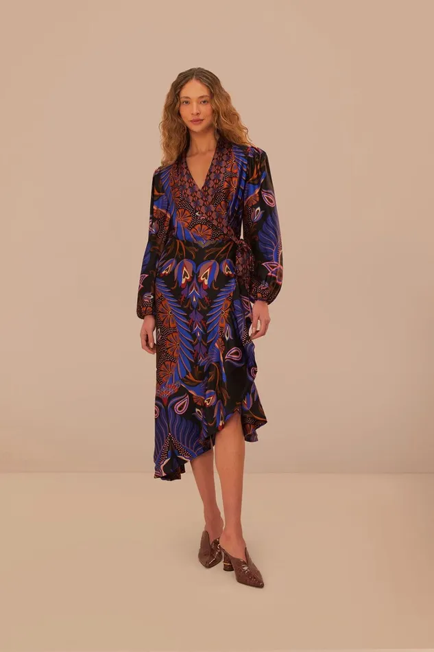 Women Midi Dresses Farm Rio Heart Forest Black Long Sleeve Midi Dress