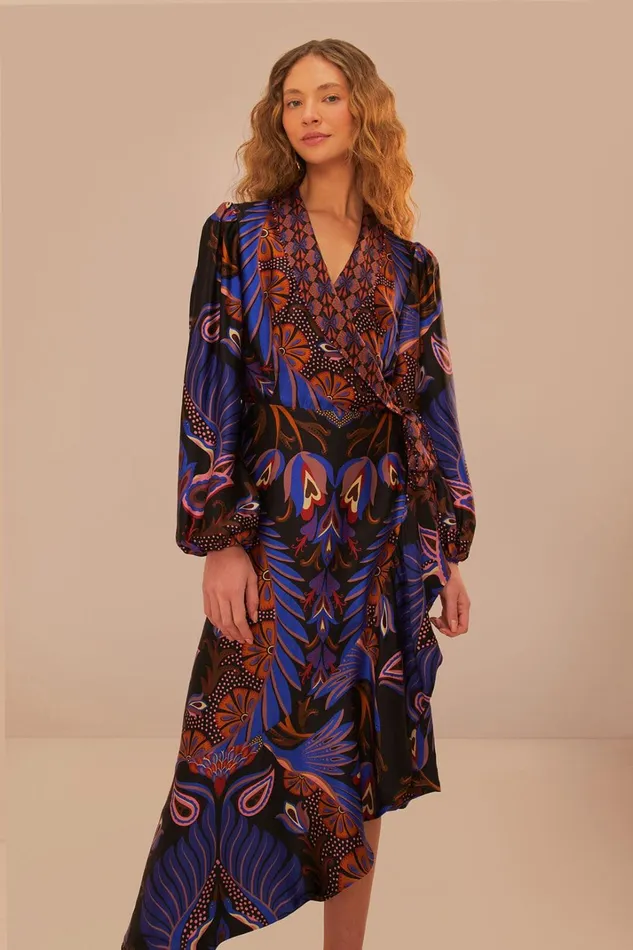 Women Midi Dresses Farm Rio Heart Forest Black Long Sleeve Midi Dress