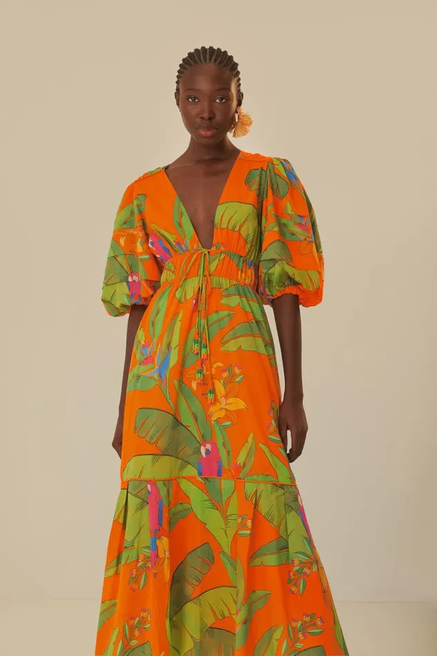 Women Midi Dresses Farm Rio Orange Fresh Macaws Midi Dress