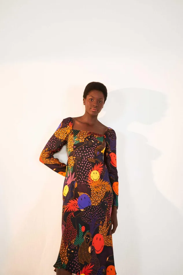 Women Midi Dresses Farm Rio Pop Jungle Smiley Midi Dress