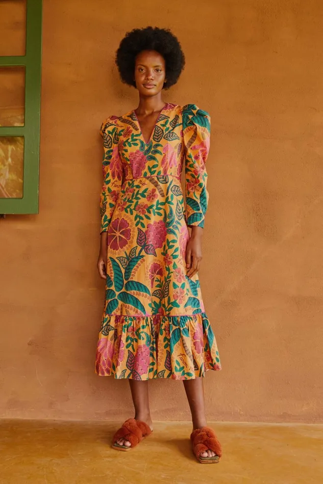 Women Midi Dresses Farm Rio Yellow Flowerdoscopic Midi Dress