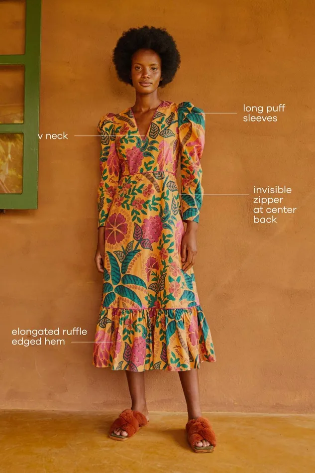 Women Midi Dresses Farm Rio Yellow Flowerdoscopic Midi Dress