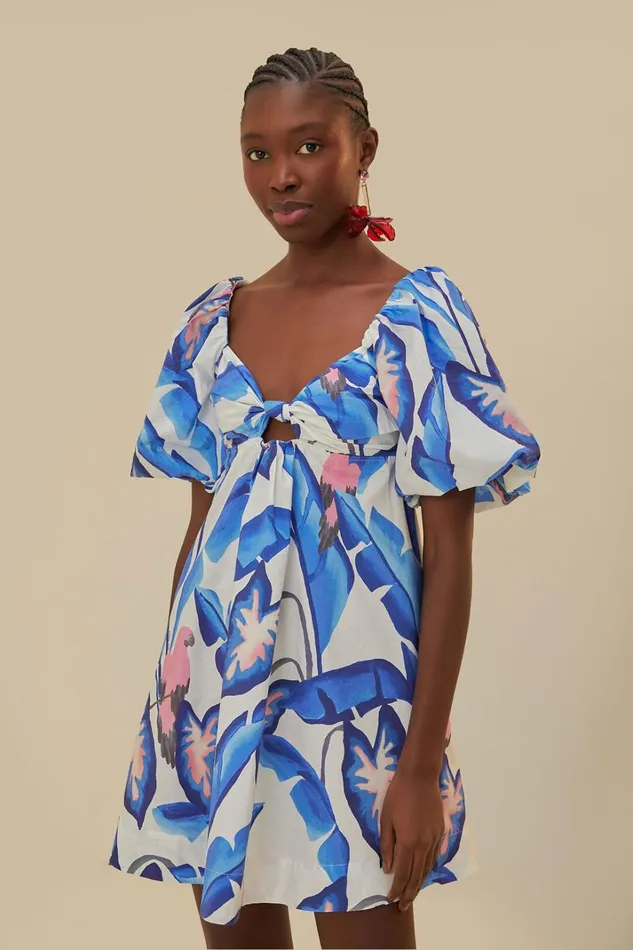 Women Mini Dresses Farm Rio OffWhite Blue Foliage Mini Dress