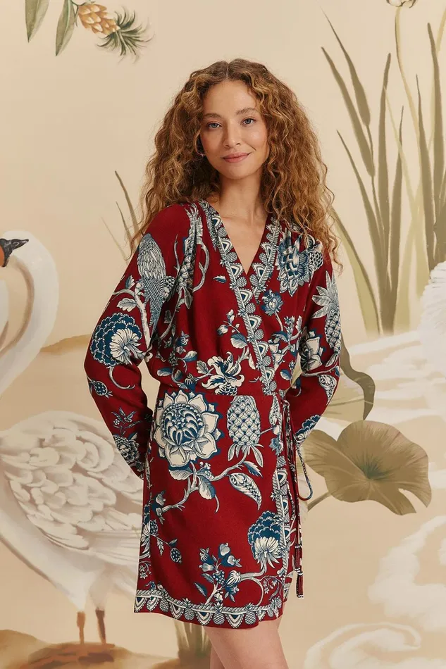 Women Mini Dresses Farm Rio Red Tropical Landing Wrap Mini Dress