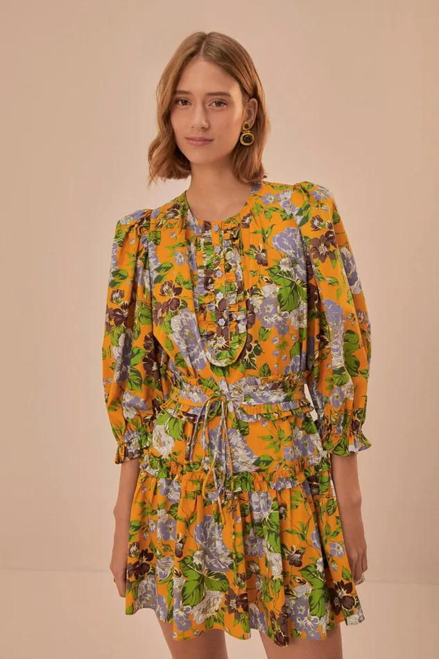 Women Mini Dresses Farm Rio Yellow Capri Floral Short Sleeve Mini Dress
