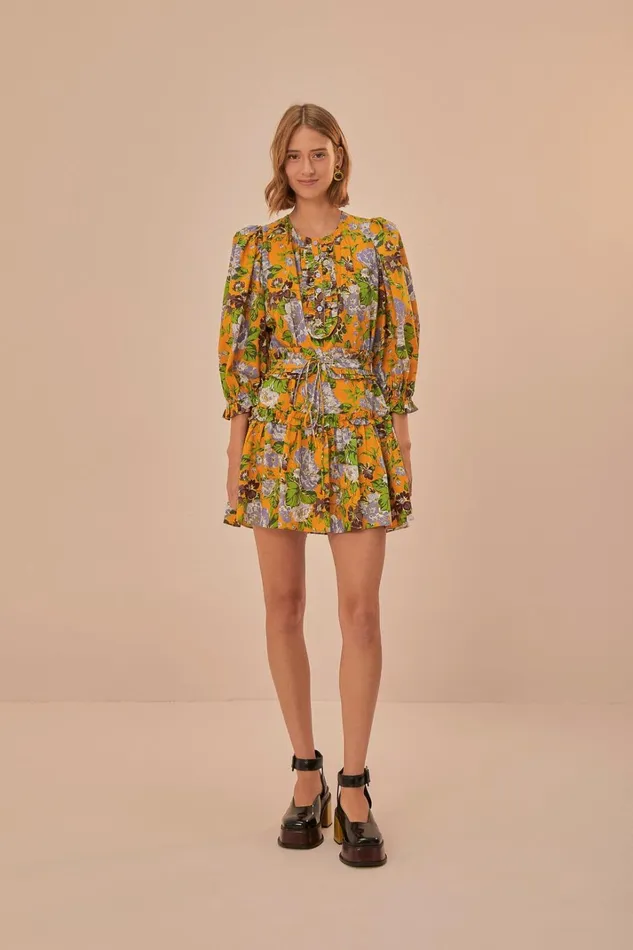 Women Mini Dresses Farm Rio Yellow Capri Floral Short Sleeve Mini Dress