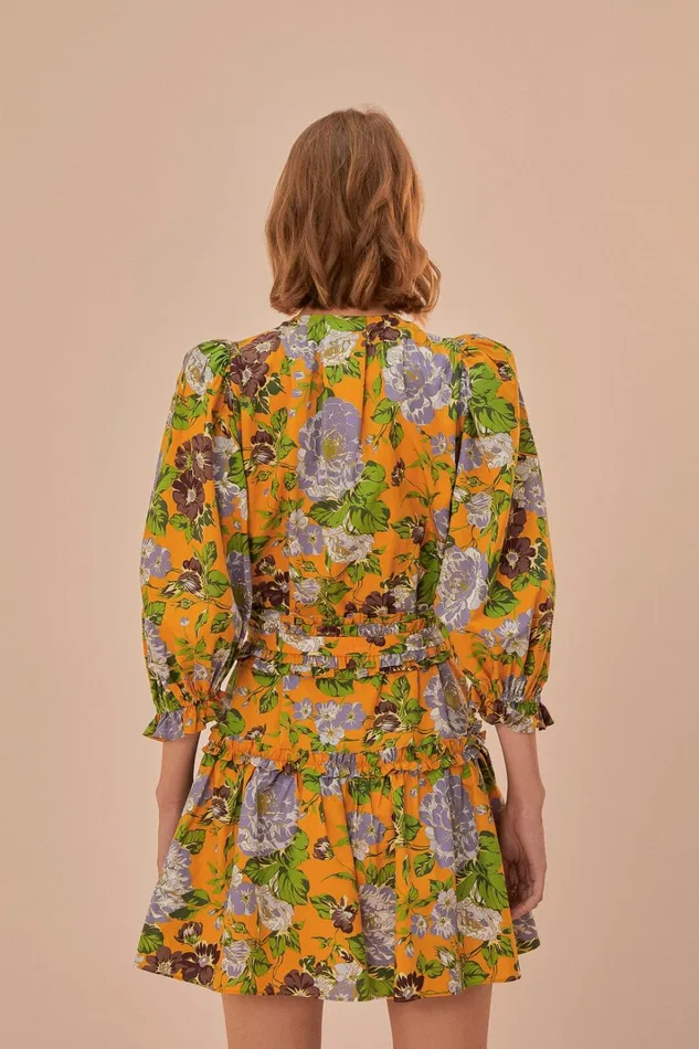 Women Mini Dresses Farm Rio Yellow Capri Floral Short Sleeve Mini Dress