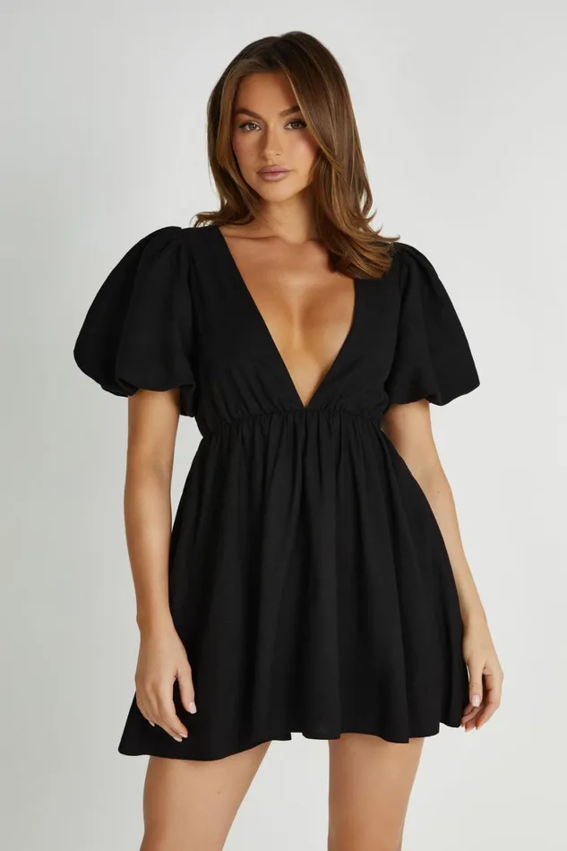 Women Myrah Puff Sleeve Linen Mini Dress 8211 Black Black Meshki Mini Dresses