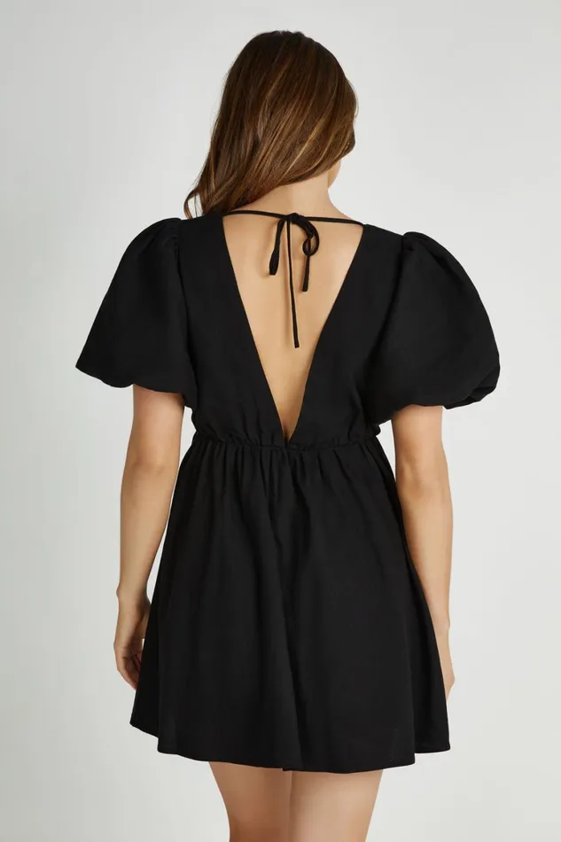 Women Myrah Puff Sleeve Linen Mini Dress 8211 Black Black Meshki Mini Dresses
