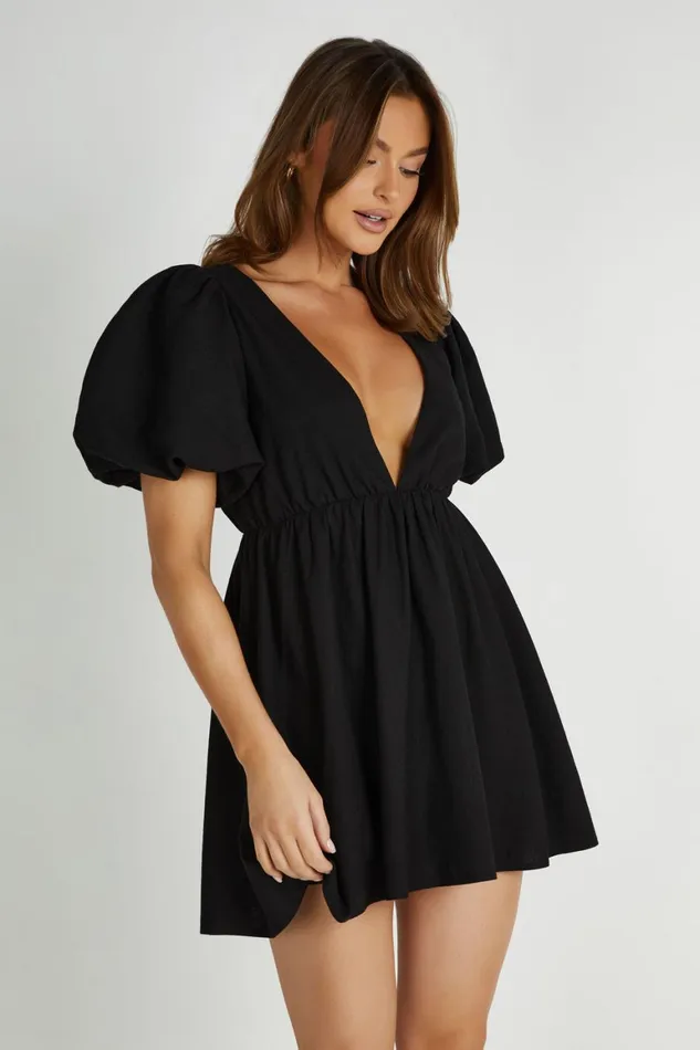 Women Myrah Puff Sleeve Linen Mini Dress 8211 Black Black Meshki Mini Dresses