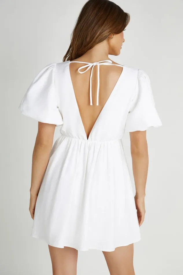 Women Myrah Puff Sleeve Linen Mini Dress 8211 White White Meshki Mini Dresses