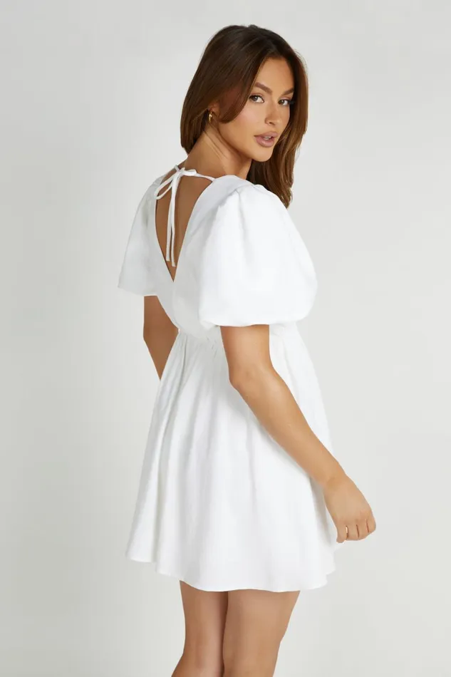 Women Myrah Puff Sleeve Linen Mini Dress 8211 White White Meshki Mini Dresses