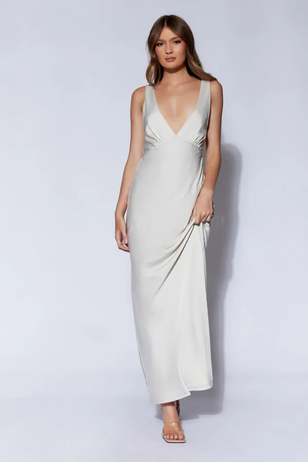 Women Nadia Maxi Satin Dress With Back Cowl 8211 Silver Silver Meshki Maxi Dresses