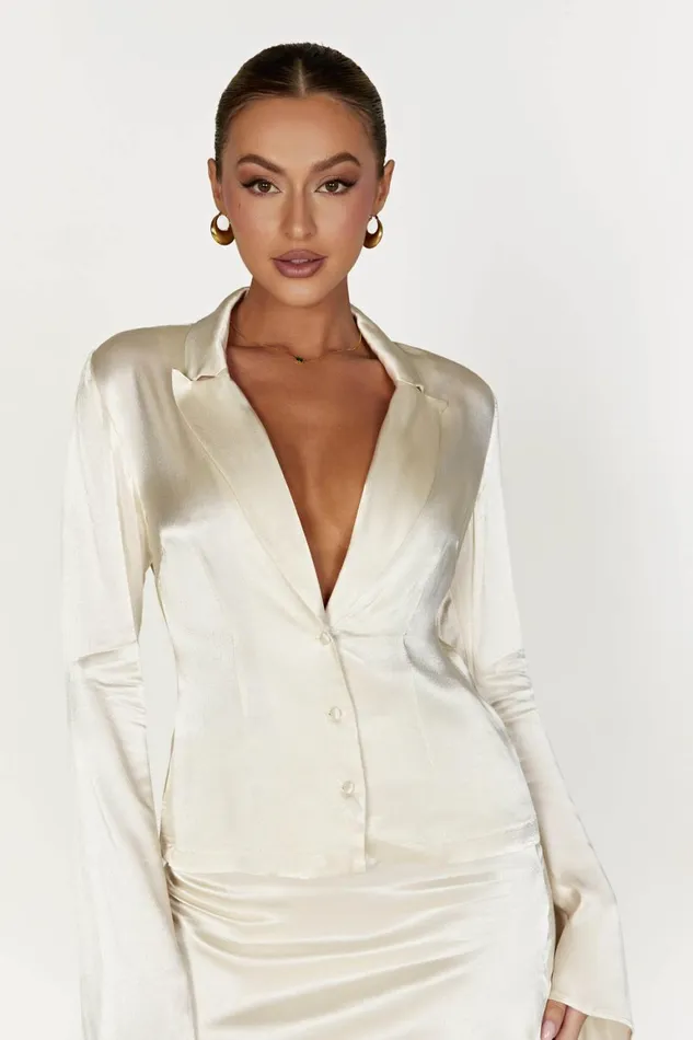 Women Noa Collared Long Sleeve Shirt 8211 Ivory Ivory Meshki Bachelorette