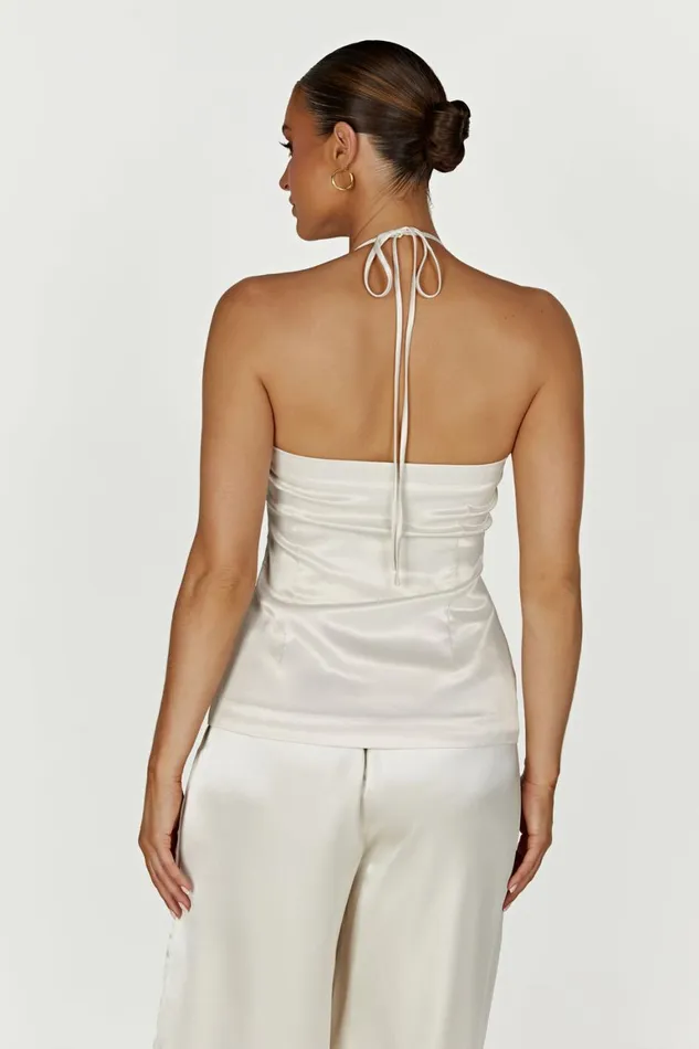Women Noemi Longline Satin Halter Neck Top 8211 Ivory Ivory Meshki Sleeveless Tops
