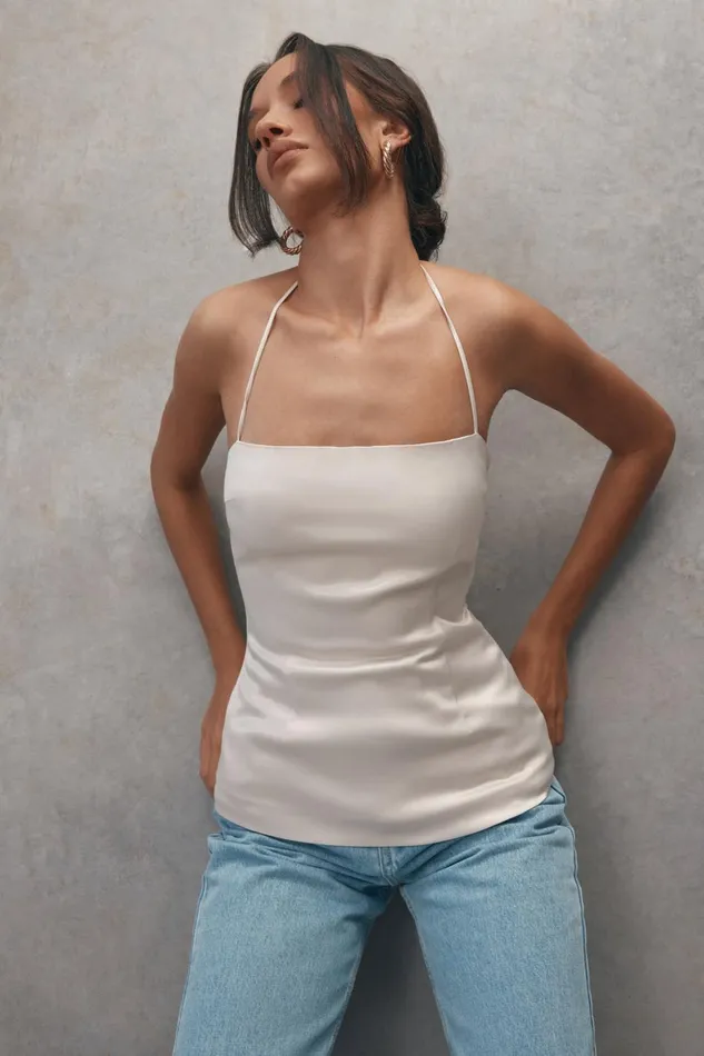 Women Noemi Longline Satin Halter Neck Top 8211 Ivory Ivory Meshki Sleeveless Tops