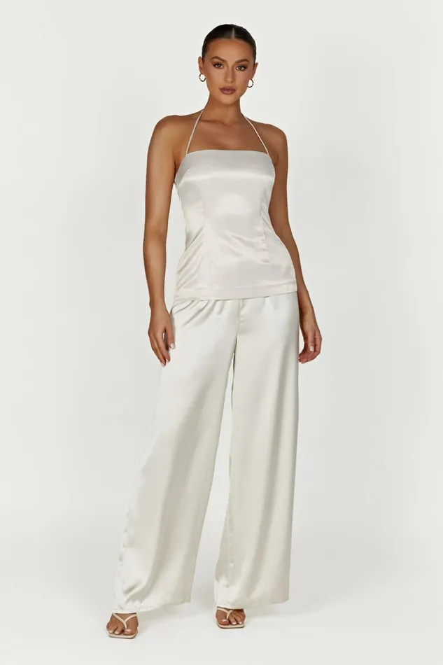 Women Noemi Longline Satin Halter Neck Top 8211 Ivory Ivory Meshki Sleeveless Tops