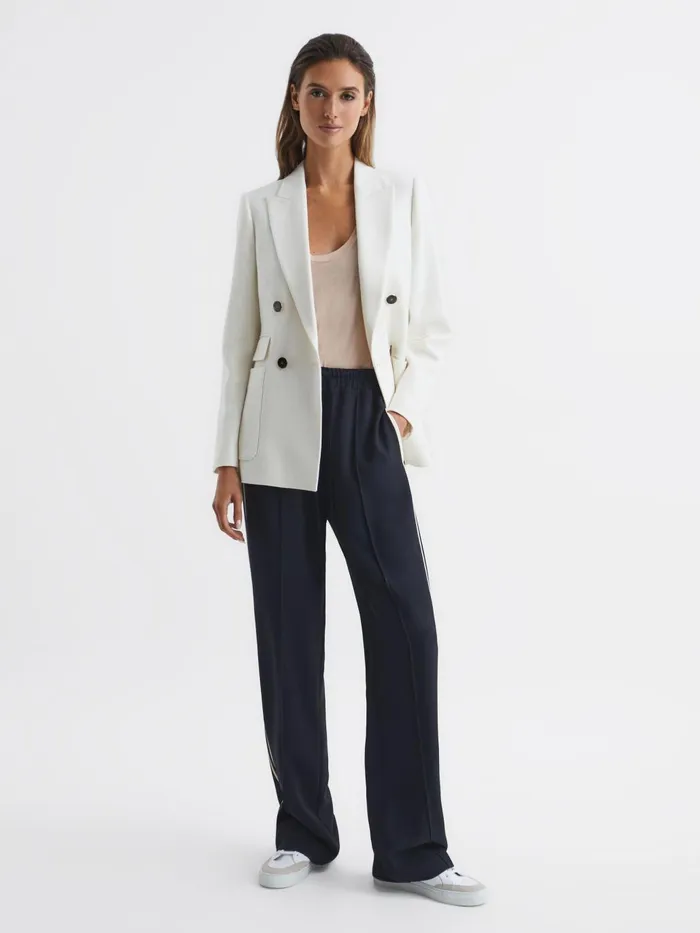 Women Odell Wide Leg Pull On Trousers Navy Reiss Trousers