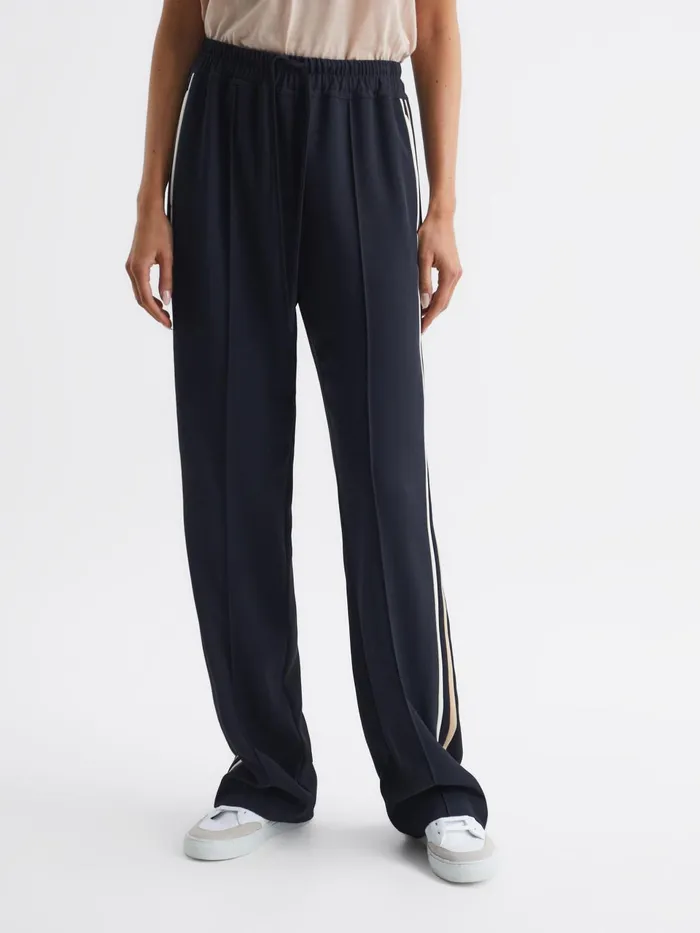 Women Odell Wide Leg Pull On Trousers Navy Reiss Trousers