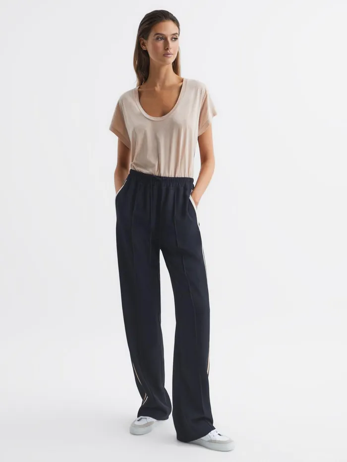 Women Odell Wide Leg Pull On Trousers Navy Reiss Trousers