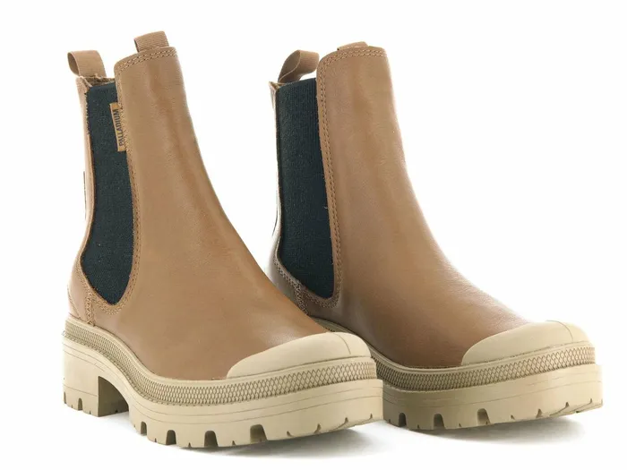 Women Palladium Heel Boots Pallabase Chelsea Leather Dear Brown