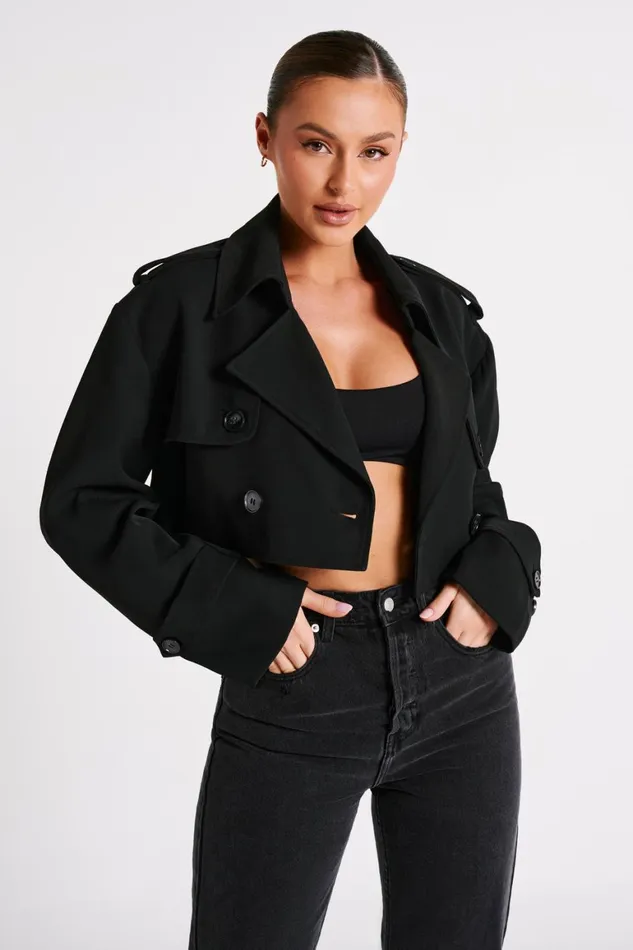 Women Palmer Cropped Trench Coat 8211 Black Black Meshki Coats and Jackets