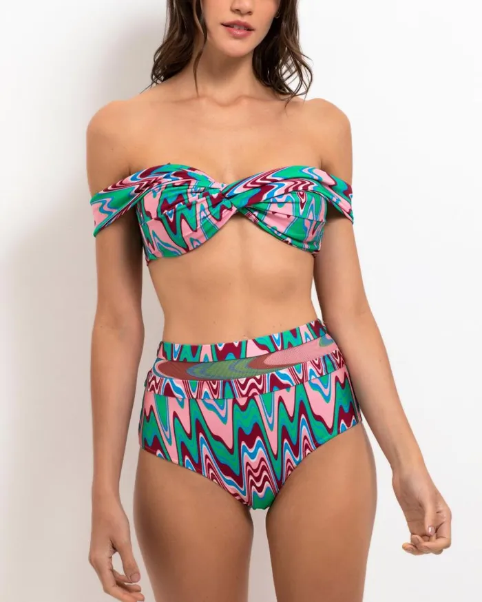 Women PatBO Bikinis Wave Printed Mesh Bikini Bottom FINAL SALE Green Multi