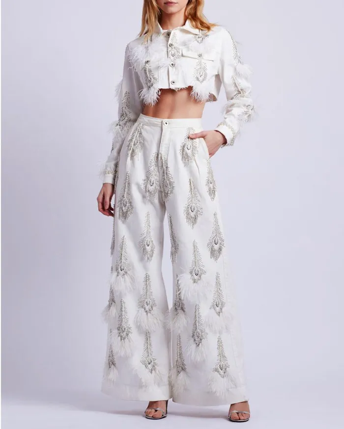 Women PatBO Bottoms HandBeaded Denim And Feather Jeans RUNWAY White