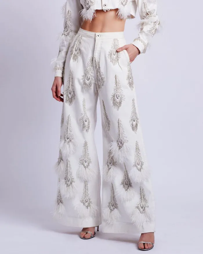 Women PatBO Bottoms HandBeaded Denim And Feather Jeans RUNWAY White