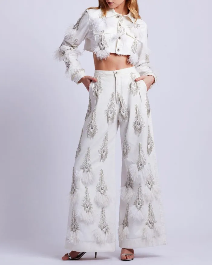 Women PatBO Bottoms HandBeaded Denim And Feather Jeans RUNWAY White