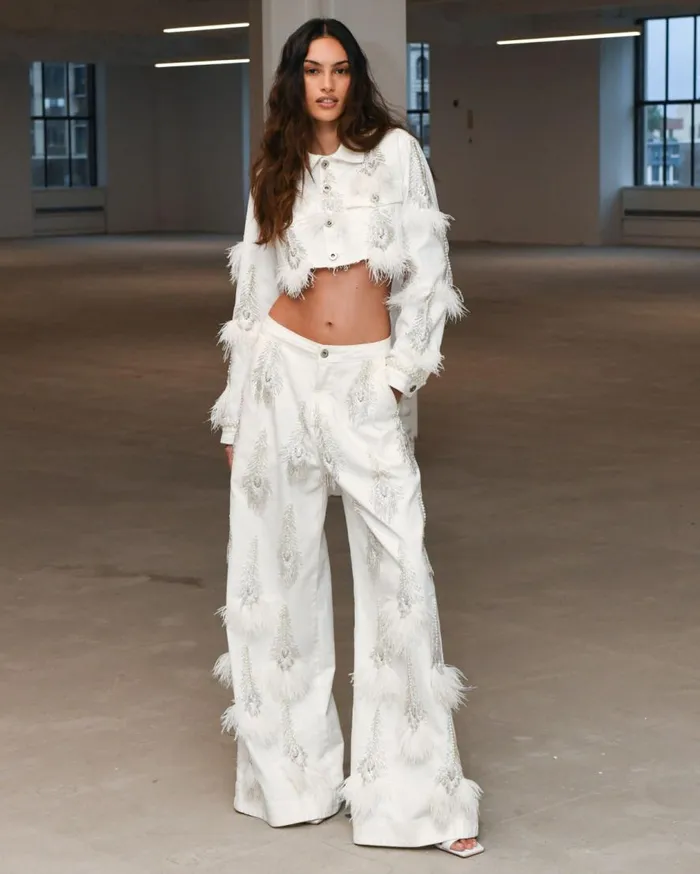 Women PatBO Bottoms HandBeaded Denim And Feather Jeans RUNWAY White