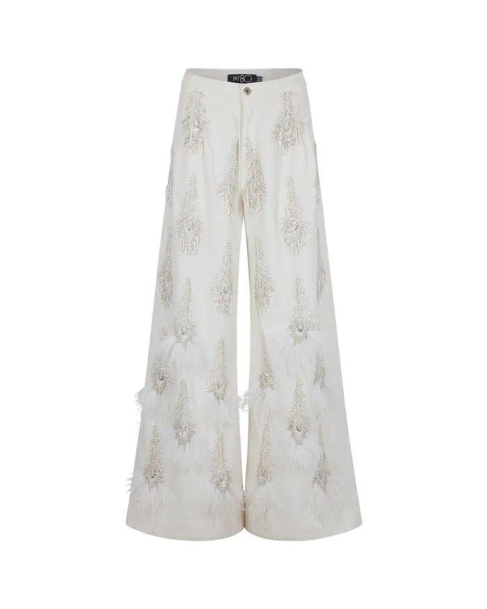 Women PatBO Bottoms HandBeaded Denim And Feather Jeans RUNWAY White