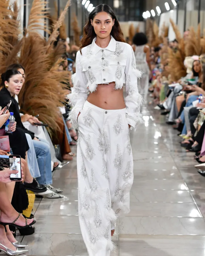 Women PatBO Bottoms HandBeaded Denim And Feather Jeans RUNWAY White