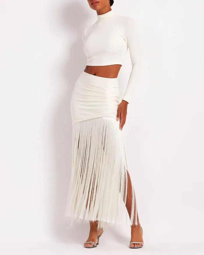 Women PatBO Bottoms Knit Fringe Trim Midi Skirt FINAL SALE Ecru