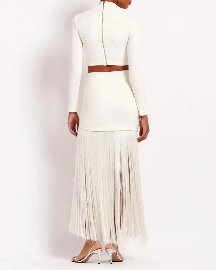 Women PatBO Bottoms Knit Fringe Trim Midi Skirt FINAL SALE Ecru