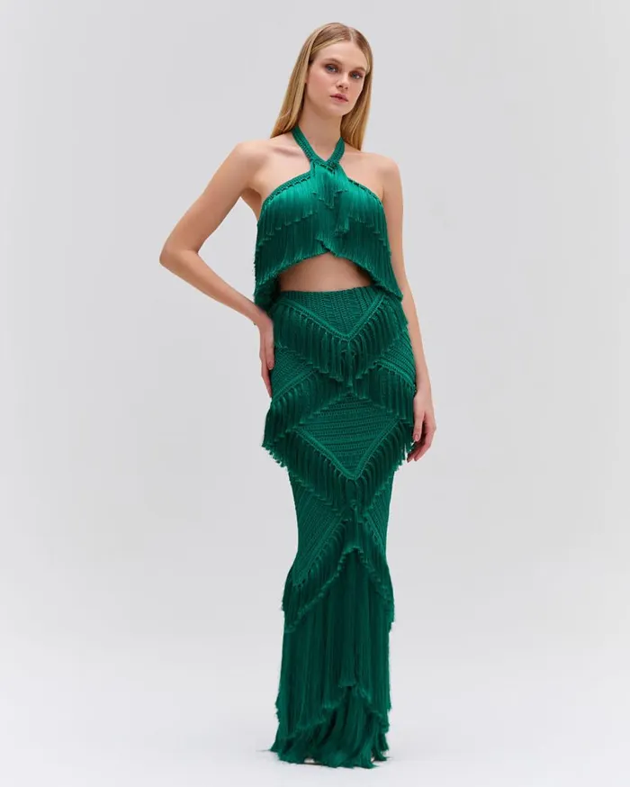 Women PatBO Bottoms Woven Fringe Trim Maxi Skirt EXCLUSIVE Jade