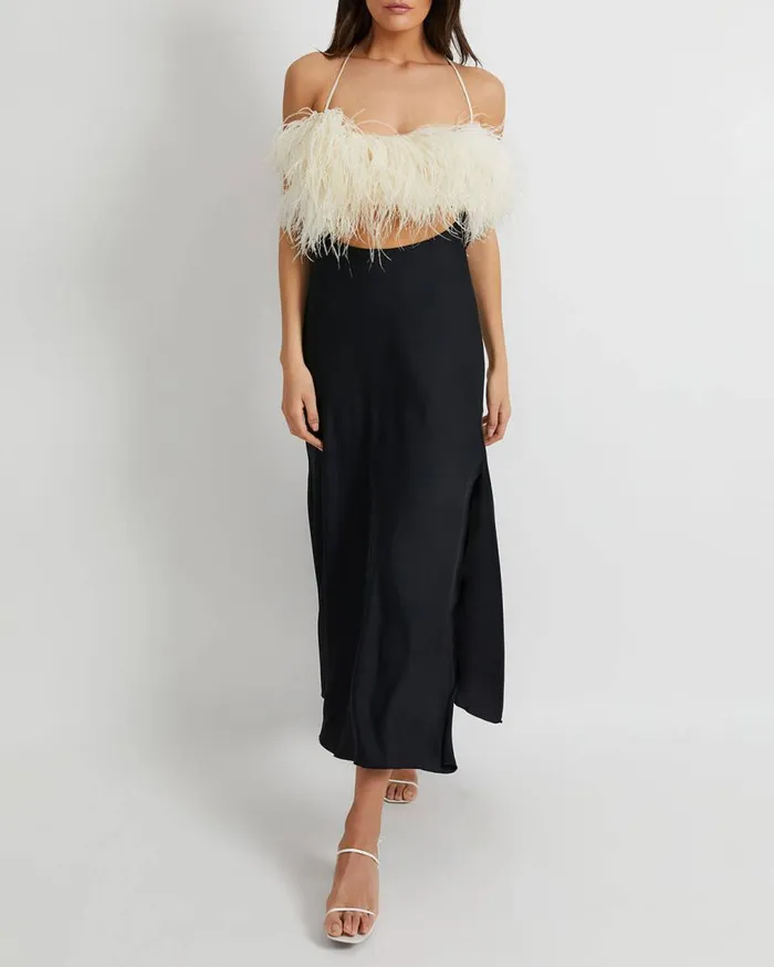 Women PatBO Dresses and Jumpsuits FEATHER TRIM MAXI SLIP DRESS FINAL SALE Black