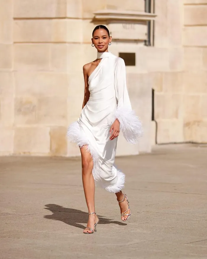 Women PatBO Dresses and Jumpsuits FEATHER TRIM OSCAR DRESS FINAL SALE White