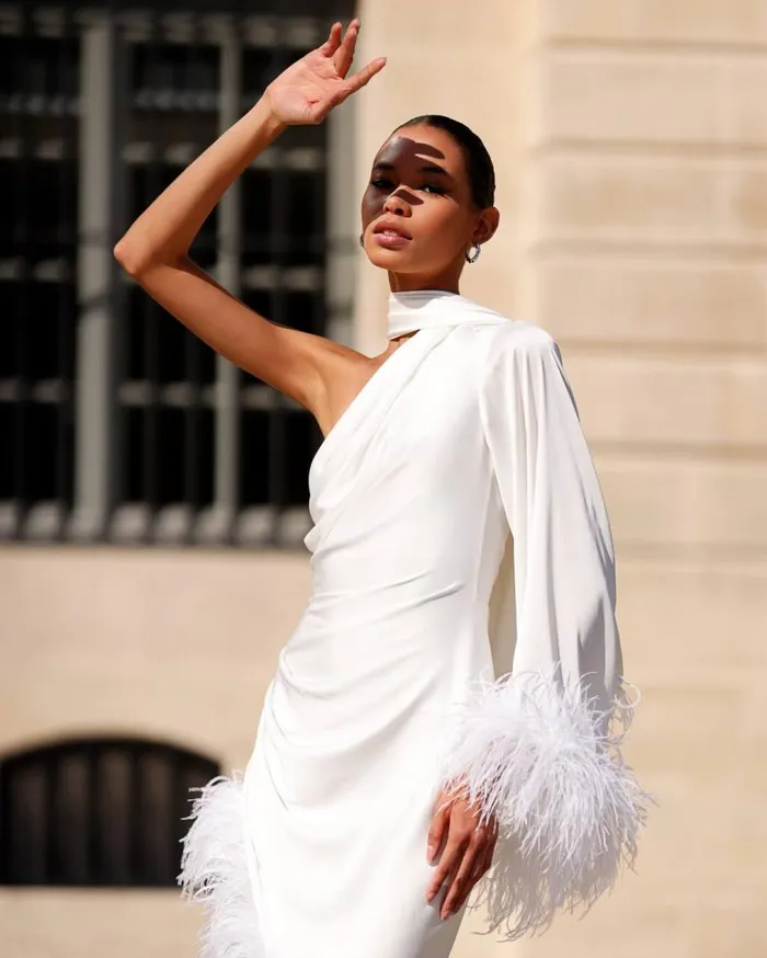 Women PatBO Dresses and Jumpsuits FEATHER TRIM OSCAR DRESS FINAL SALE White