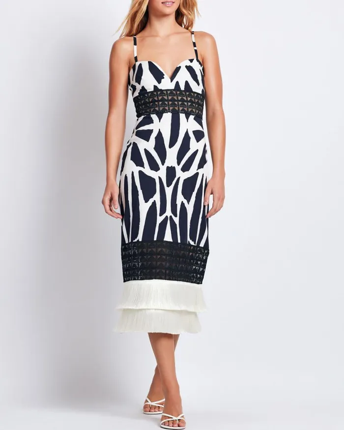 Women PatBO Dresses and Jumpsuits Fringe Trim Cotton Midi Dress FINAL SALE Black White