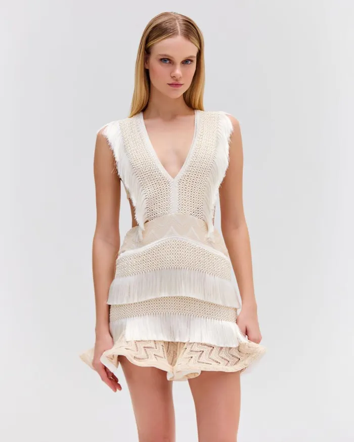 Women PatBO Dresses and Jumpsuits Plunge Fringe Trim Mini Dress Sandstone