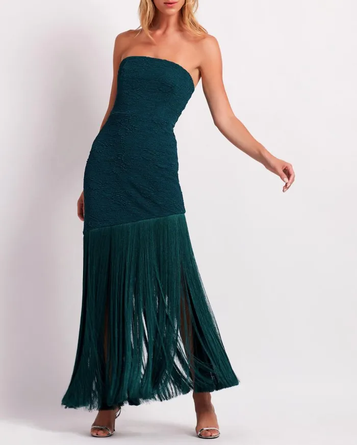Women PatBO Dresses and Jumpsuits Stretch Jacquard Strapless Maxi FINAL SALE Peacock