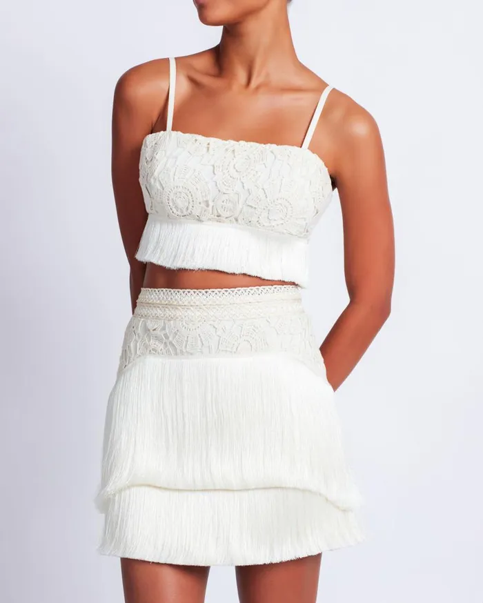 Women PatBO Matching Sets Crochet Fringe Cropped Top Wheat
