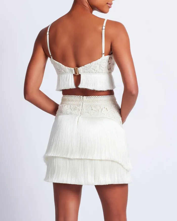 Women PatBO Matching Sets Crochet Fringe Cropped Top Wheat