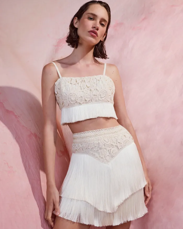Women PatBO Matching Sets Crochet Fringe Cropped Top Wheat
