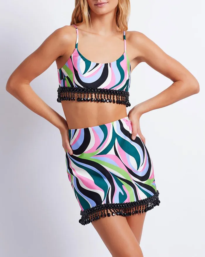 Women PatBO Matching Sets DELOS BEADED CROPPED TOP FINAL SALE Black Multi