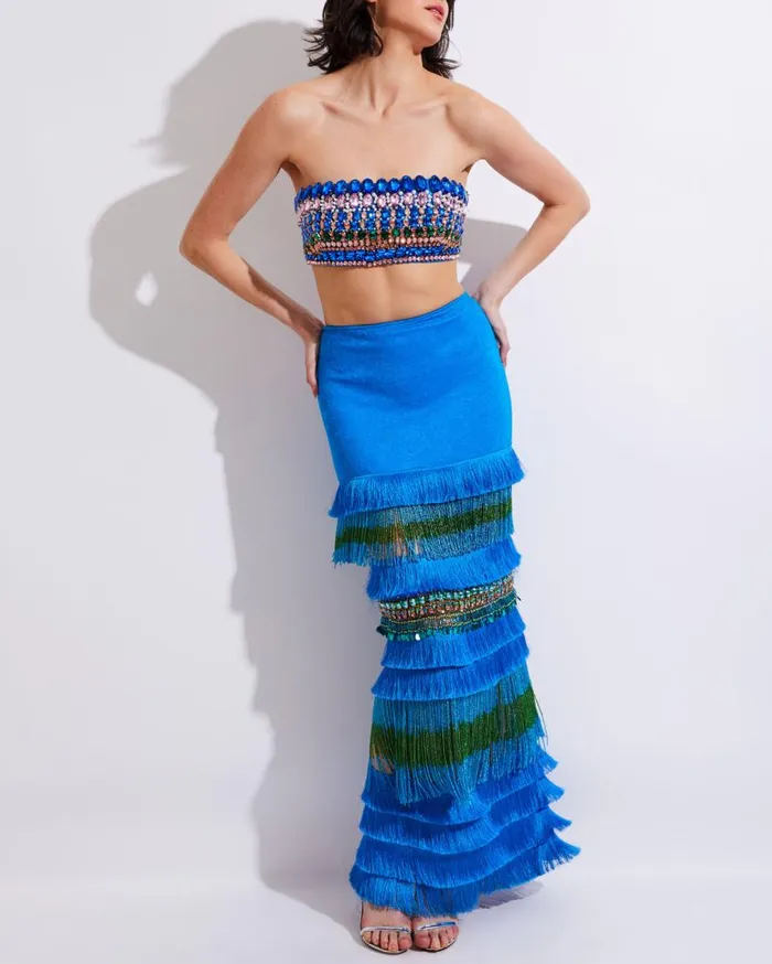 Women PatBO Matching Sets HANDBEADED FRINGE TRIM MAXI SKIRT FINAL SALE Blue