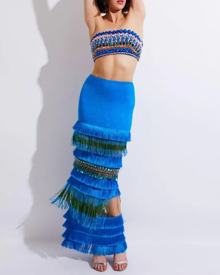 Women PatBO Matching Sets HANDBEADED FRINGE TRIM MAXI SKIRT FINAL SALE Blue Women PatBO Matching Sets HANDBEADED FRINGE TRIM MAXI SKIRT FINAL SALE Blue